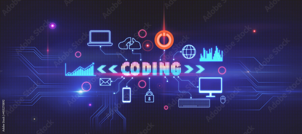 Poster Creative glowing coding hologram on blue background. Information technology and business data concept. 3D Rendering.
