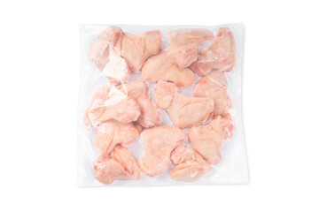 Raw wings in a bag for retail. Raw frozen wings for a supermarket.