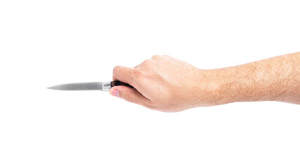 The knife in the hand is isolated on a white background.