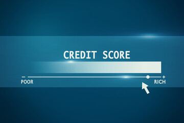 Creative blue background with credit score scale from poor to rich. Finance and rating concept. 3D Rendering.
