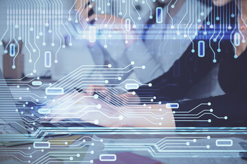Multi exposure of woman hands working on computer and data theme hologram drawing. Tech concept.