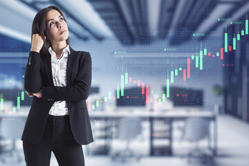 Attractive young european businesswoman with creative glowing forex chart interface in blurry office interior. Trade and invest concept. Double exposure.