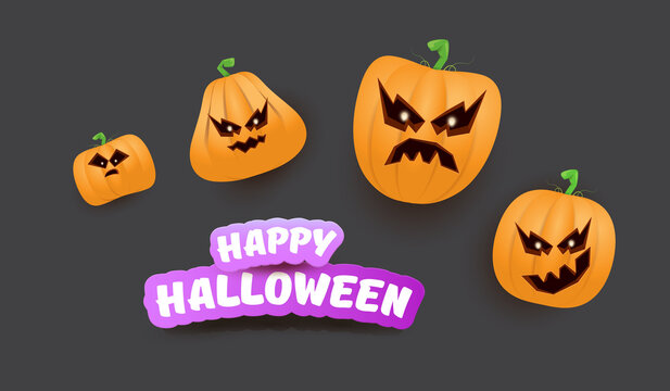 Halloween Horizontal web Banner or poster with Halloween scary pumpkins gang isolated on grey background. Funky kids Halloween concept background with greeting text