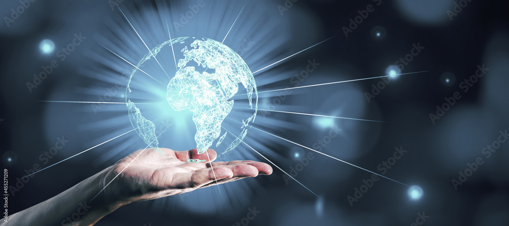 Poster hand holding glowing globe hologram on blue bokeh background. digital interface and global innovatio