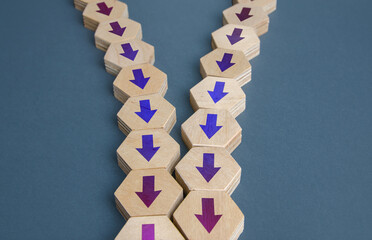 Arrow chains reunited into one. Integration acquisition. Consolidation, cooperation, organization. Merge. Pooling efforts, concentration resources. Synchronization of processes in business production.