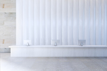 Contemporary white office lobby interior with reception desk and daylight. 3D Rendering.