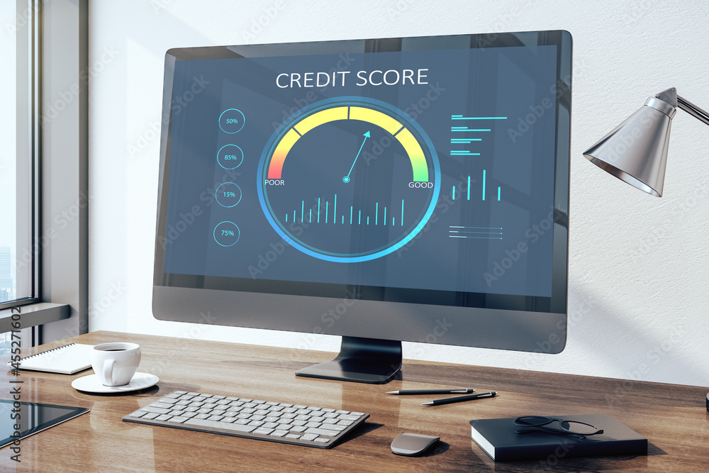 Poster Close up of wooden desktop with computer monitor and abstract credit score scale on screen. Finance and consumer concept. 3D Rendering.