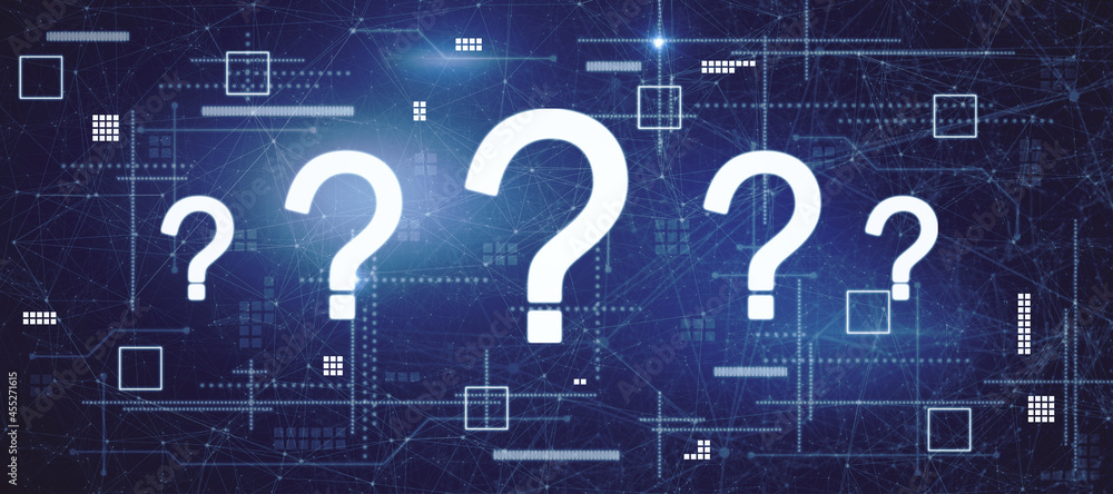 Poster bright glowing question marks interface on blurry blue background. technology, business help and faq