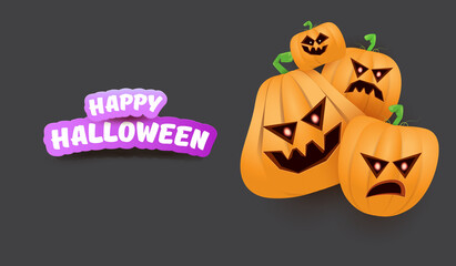 Halloween Horizontal web Banner or poster with Halloween scary pumpkins gang isolated on grey background. Funky kids Halloween concept background with greeting text