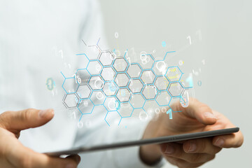Digital cyberspace with particles and Digital data network connections concept.