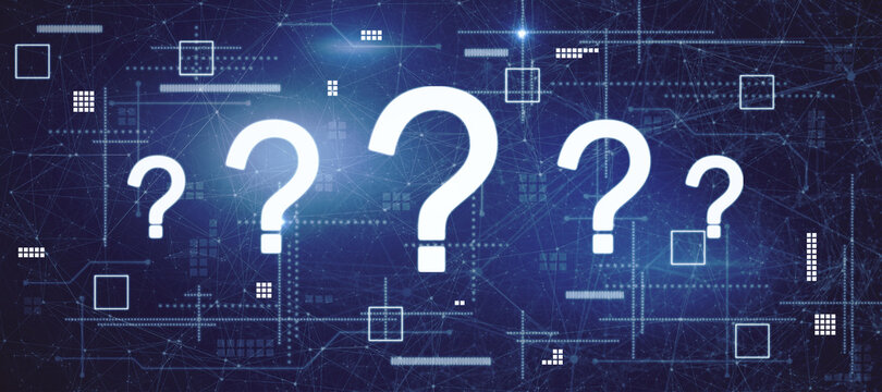 Bright glowing question marks interface on blurry blue background. Technology, business help and faq concept. 3D Rendering.