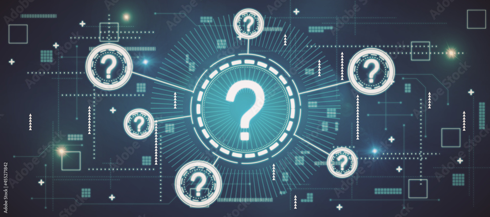 Aufkleber Creative glowing question marks interface on blurry blue background. Technology, business help and faq concept. 3D Rendering.