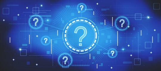 Obraz premium Abstract glowing question marks interface on blurry blue background. Technology, business help and faq concept. 3D Rendering.