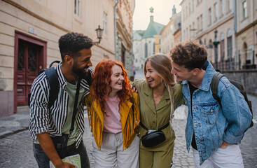 Obraz premium Front view of group of happy young people outdoors on street on town trip, having fun.