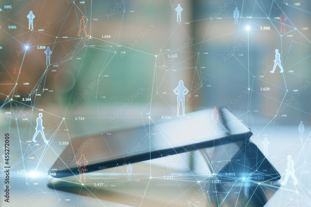 Poster close up of tablet on desktop with creative glowing connected people icons on blurry background. pop