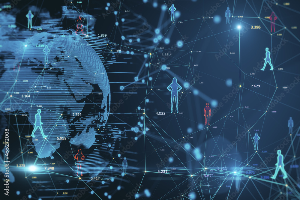 Aufkleber creative glowing connected people icons on blue background with globe. population count and digital 