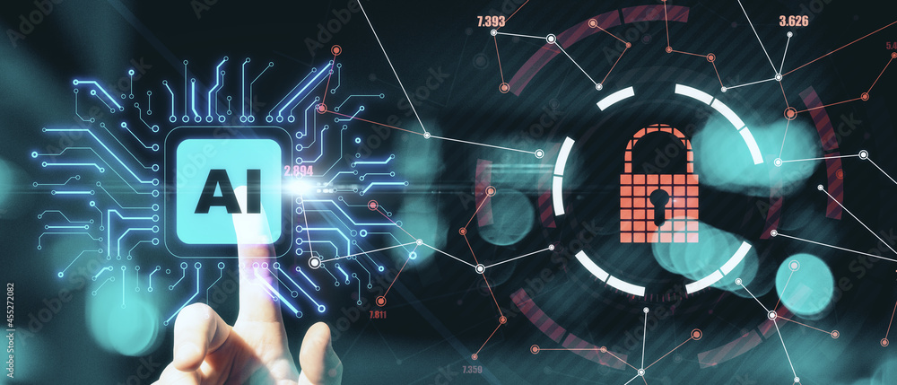 Poster Hand pointing at abstract AI chip on blurry background. Artificial intelligence and innovation concept. Double exposure.