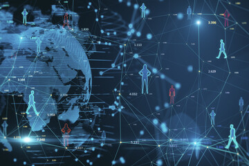 Creative glowing connected people icons on blue background with globe. Population count and digital transformation concept. 3D Rendering.