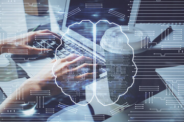 Double exposure of woman hands working on computer and brain hologram drawing. Ai concept.