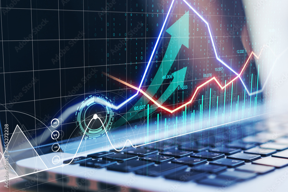 Poster close up of hands using laptop with creative glowing business chart and arrows.