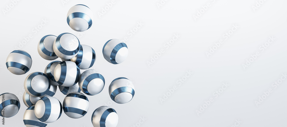 Poster Creative wide image of shiny metal blue and white balls on grey background with mock up place. Design concept. 3D Rendering.