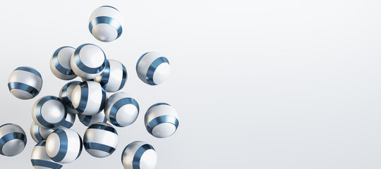 Creative wide image of shiny metal blue and white balls on grey background with mock up place. Design concept. 3D Rendering.
