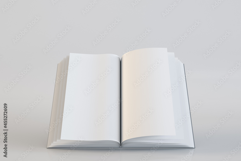 Aufkleber Blank open book on grey background. Document and page concept. Mock up, 3D Rendering.