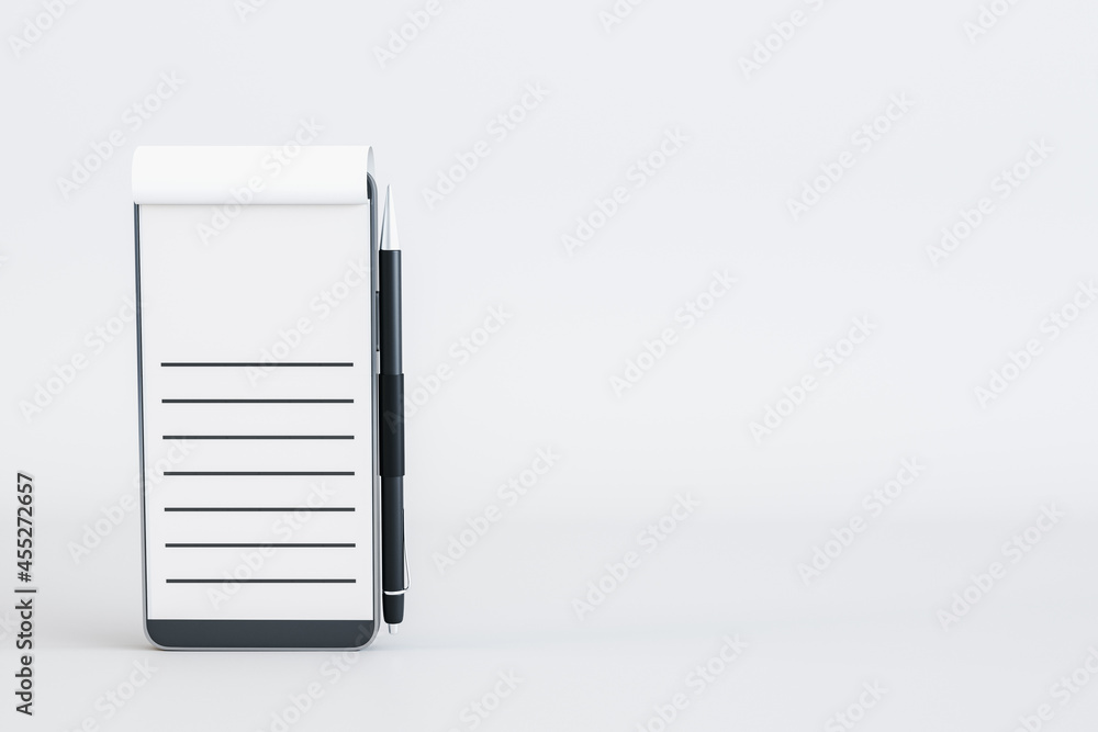 Aufkleber Abstract mobile phone notes concept on white background with mock up place. Technology and online education concept. 3D Rendering.