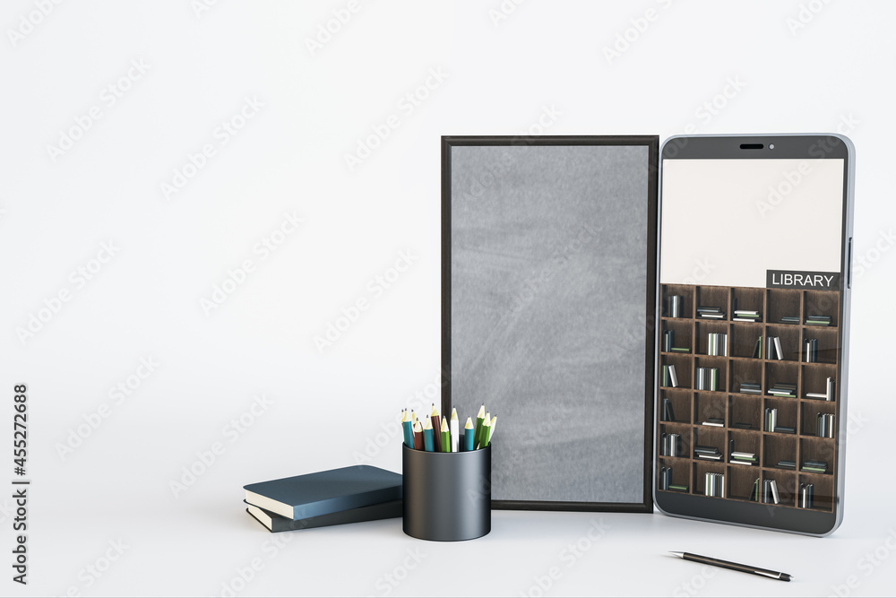 Poster Abstract smartphone with online library on white background with mock up place. Digital education and knowledge concept. 3D Rendering.