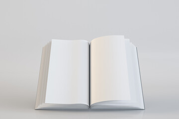 Blank open book on grey background. Document and page concept. Mock up, 3D Rendering.