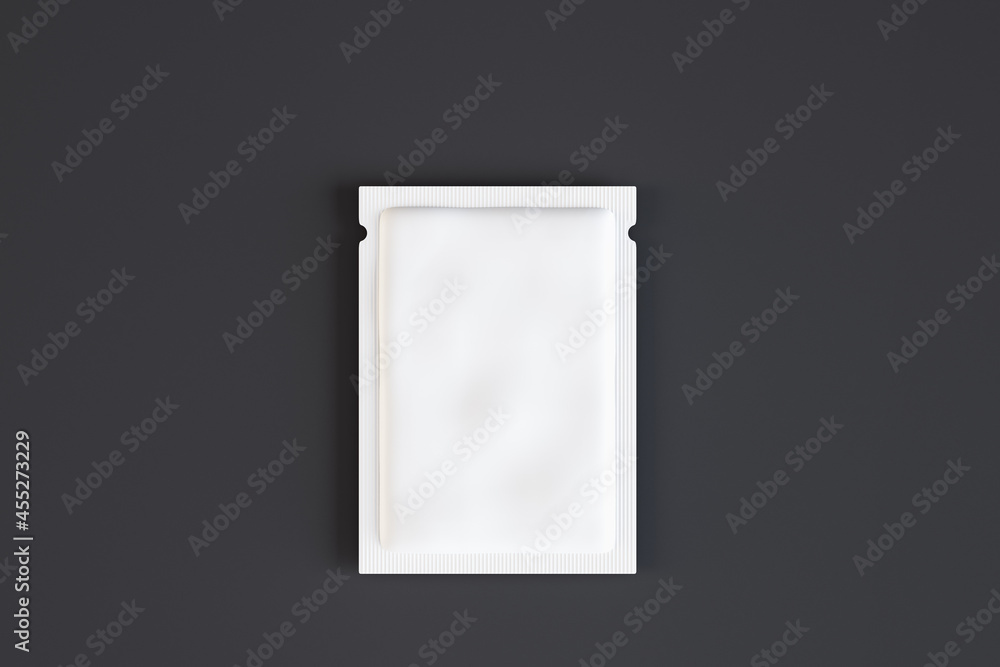 Poster Empty white product packet on dark background. Mock up, 3D Rendering.