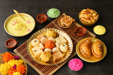 Diwali sweets Gujiya barfi Motichoor Laddu  Rasmalai Indian sweet dessert mithai festival dish Dussehra Holi ganesh chaturthi Ram navami Durga puja durga ashtami Navratri Mumbai Kerala India Sri Lanka