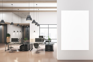Modern coworking concrete office interior with city view, empty white poster and daylight. Mock up, 3D Rendering.