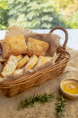 Ciabatta bread on wooden background, breakfast meal, Italian food