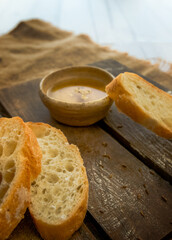 Ciabatta bread on wooden background, breakfast meal, Italian food