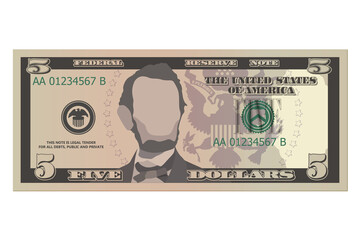 Five dollar bill, 5 US dollars banknote, front side. Simplified vector illustration of USD isolated on a white background - obrazy, fototapety, plakaty