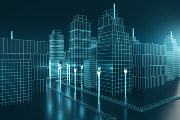 Creative graphic blue city backdrop. Building and downtown concept. 3D Rendering.