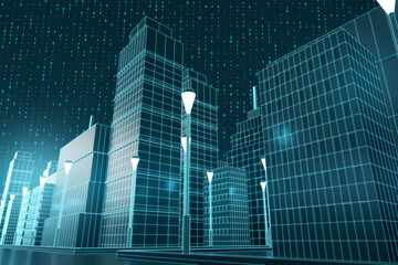 Fototapeta na wymiar Creative graphic blue city background with binary code. Building and downtown concept. 3D Rendering.