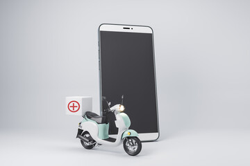 Creative smartphone with blank screen and scooter on grey background. Medical delivery, health and medicine concept. Mock up, 3D Rendering.