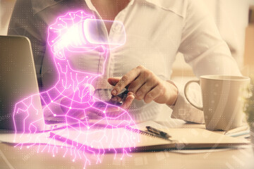 Double exposure of man in vr glasses sketch hologram and woman holding and using a mobile device.