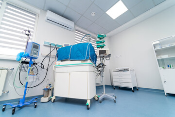 Hospital newborn emergency ward. Child health emergency treatment. Low angle view