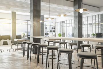 Luxury coworking office interior with bright city view and wooden flooring. Design and workplace style concept. 3D Rendering.