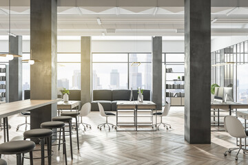 Clean coworking office interior with bright city view and wooden flooring. Design and workplace style concept. 3D Rendering.