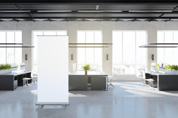 Fototapeta na wymiar Modern coworking office interior with equipment, furniture, empty white mockup poster stand, city view and sunlight. 3D Rendering.