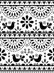 Mexican folk art vector seamless pattern with birds and flowers in black and white, textile or fabric print design inspired by traditional art form Mexico 
 