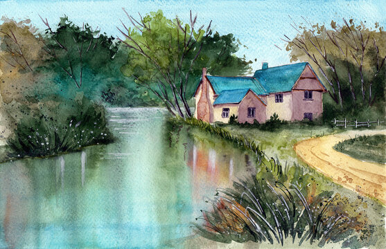 Watercolor illustration of a landscape with a rustic cottage with a blue roof on the banks of a picturesque river surrounded by trees and bushes and a road along the river bank