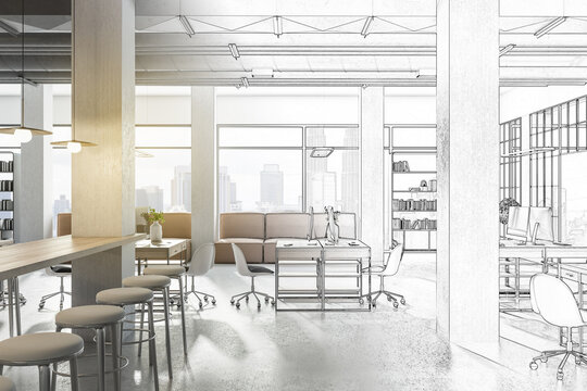 Sketch of creative modern coworking office interior with bright city view and concrete flooring. Design, repairs, refurbishment and workplace style concept. 3D Rendering.