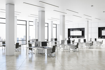 Modern white concrete coworking office interior with daylight and city view. Business interiors concept. 3D Rendering.