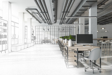 Sketch of creative coworking office interior with bright city view and concrete flooring. Design, repairs, refurbishment and workplace style concept. 3D Rendering. - obrazy, fototapety, plakaty