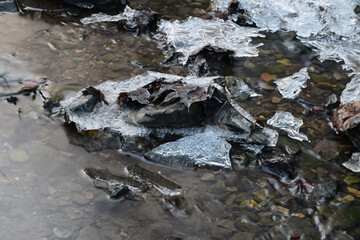 Stones in the river around which there is icing